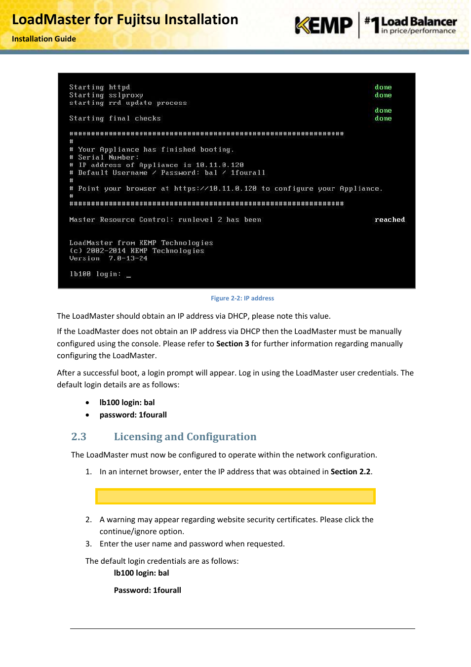 Licensing and configuration, Loadmaster for fujitsu installation, 3 licensing and configuration | KEMP PRIMERGY RX User Manual | Page 7 / 15