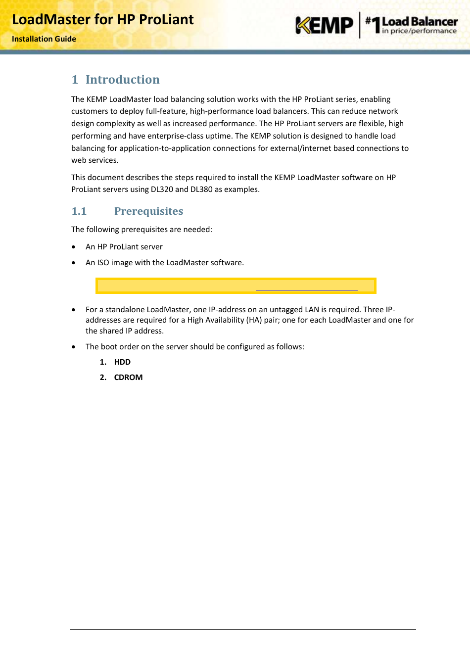 Introduction, Prerequisites, Loadmaster for hp proliant | 1 introduction, 1 prerequisites | KEMP ProLiant DL User Manual | Page 5 / 16