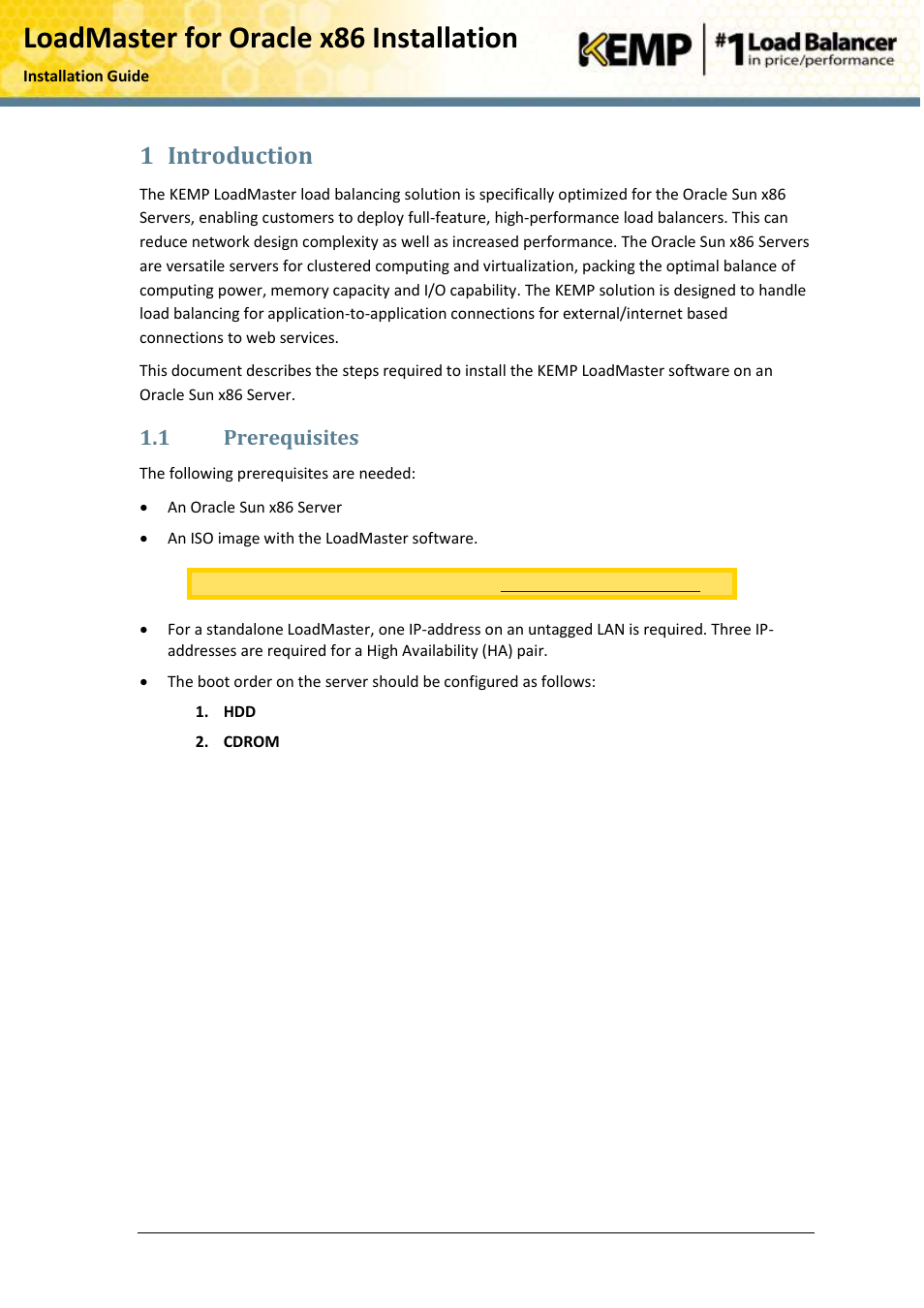 Introduction, Prerequisites, Loadmaster for oracle x86 installation | 1 introduction, 1 prerequisites | KEMP Oracle x86 User Manual | Page 5 / 17