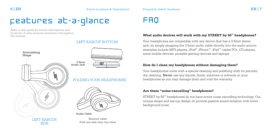 En | 7 6 | en, Left earcup, side, Left earcup bottom folding your headphones | SMS Audio STREET by 50 User Manual | Page 5 / 8