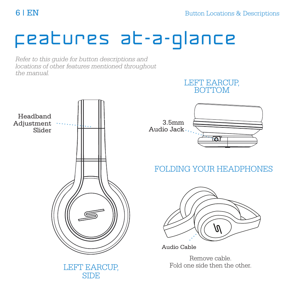 6 | en, Left earcup, bottom, Left earcup, side | Folding your headphones | SMS Audio STREET by 50 User Manual | Page 8 / 16