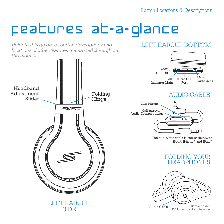 Left earcup, side, Folding your headphones, Audio cable left earcup bottom | Headband adjustment slider folding hinge | SMS Audio STREET by 50 User Manual | Page 4 / 10
