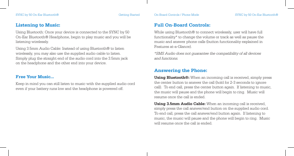 Listening to music, Full on-board controls, Answering the phone | SMS Audio SYNC by 50 User Manual | Page 4 / 7