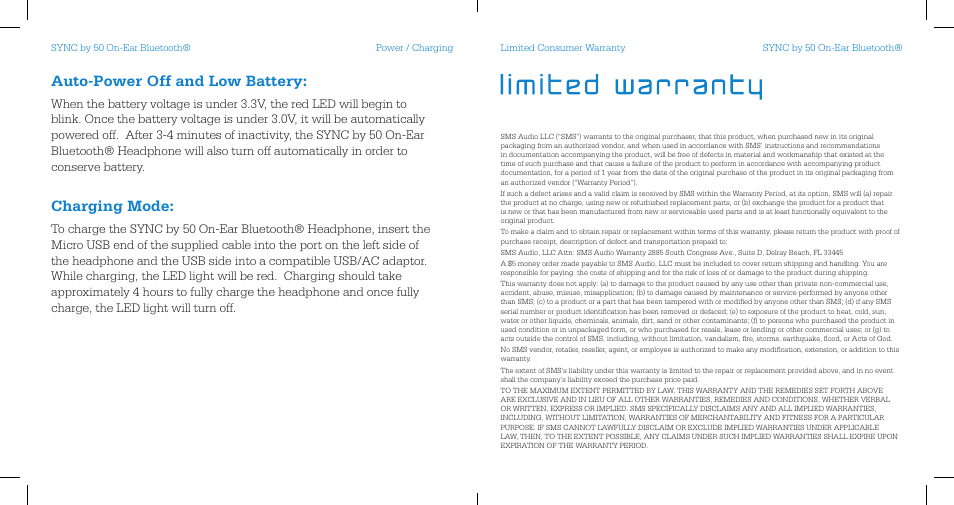 Auto-power off and low battery, Charging mode | SMS Audio SYNC by 50 User Manual | Page 5 / 7