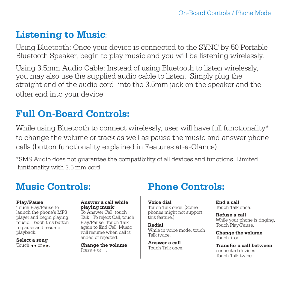 Listening to music, Full on-board controls, Music controls | Phone controls | SMS Audio SYNC by 50 User Manual | Page 6 / 16