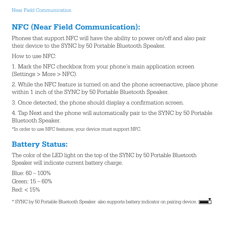 Nfc (near field communication), Battery status | SMS Audio SYNC by 50 User Manual | Page 7 / 16