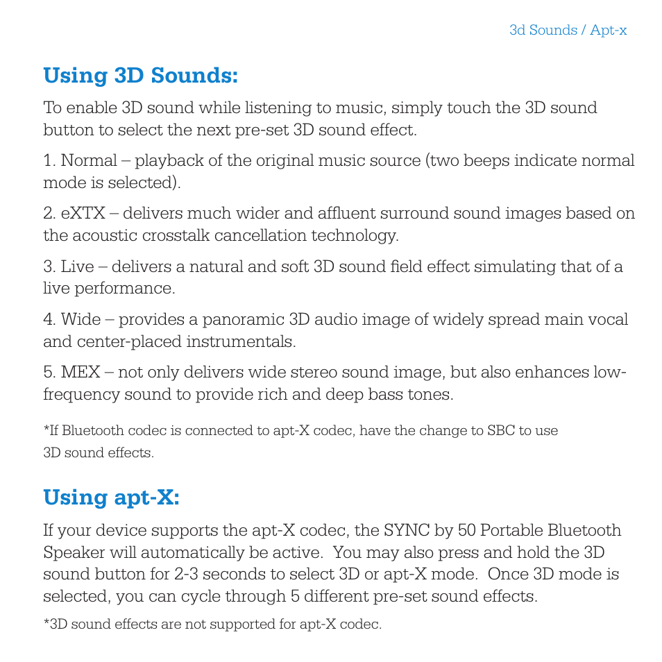 Using 3d sounds, Using apt-x | SMS Audio SYNC by 50 User Manual | Page 8 / 16