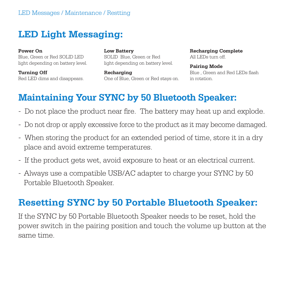 Led light messaging, Maintaining your sync by 50 bluetooth speaker, Resetting sync by 50 portable bluetooth speaker | SMS Audio SYNC by 50 User Manual | Page 9 / 16