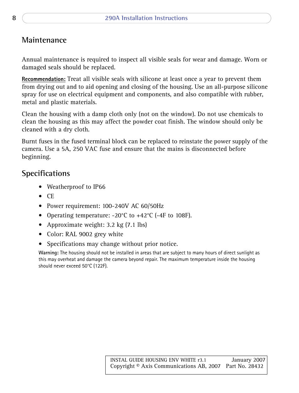 Maintenance, Specifications | Axis Communications 290A User Manual | Page 8 / 8
