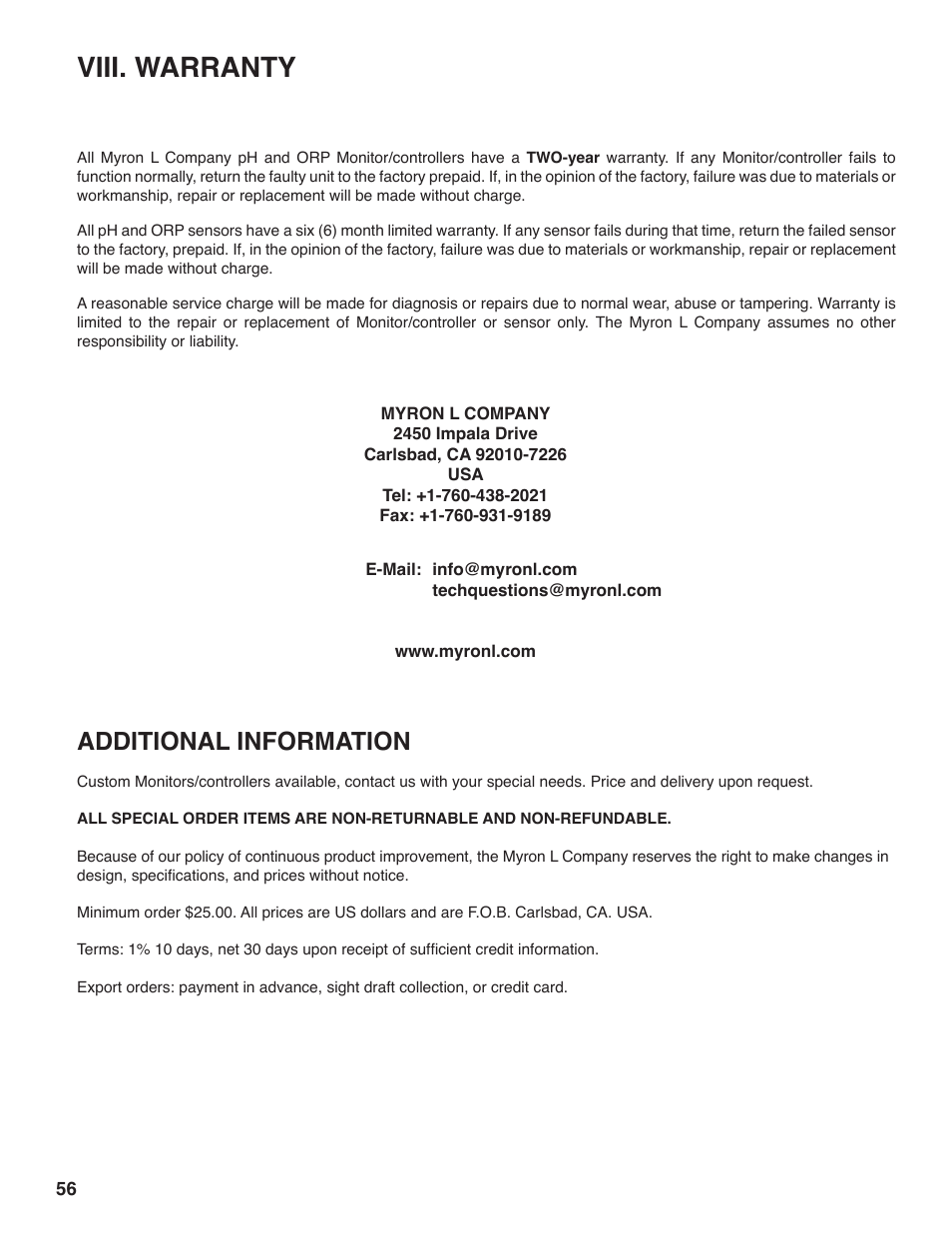 Viii. warranty, Additional information | Myron L 729II User Manual | Page 60 / 68