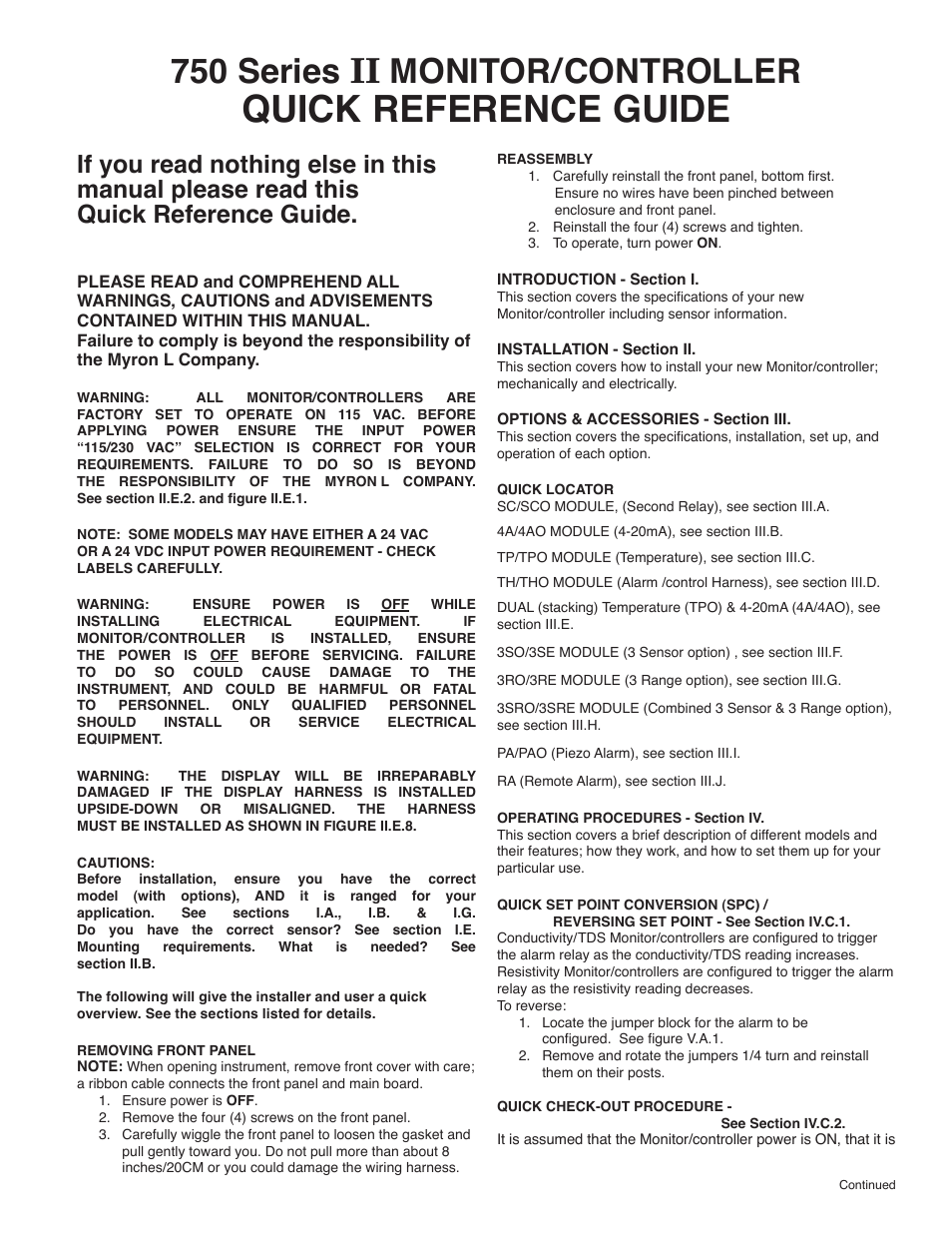 Quick reference guide, 750 series ii monitor/controller | Myron L 729II User Manual | Page 3 / 76