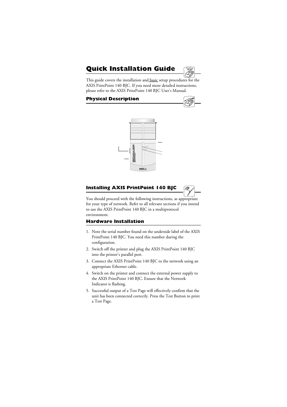 Physical description, Installing, Quick installation guide | Axis Communications 140 BJC User Manual | Page 2 / 8