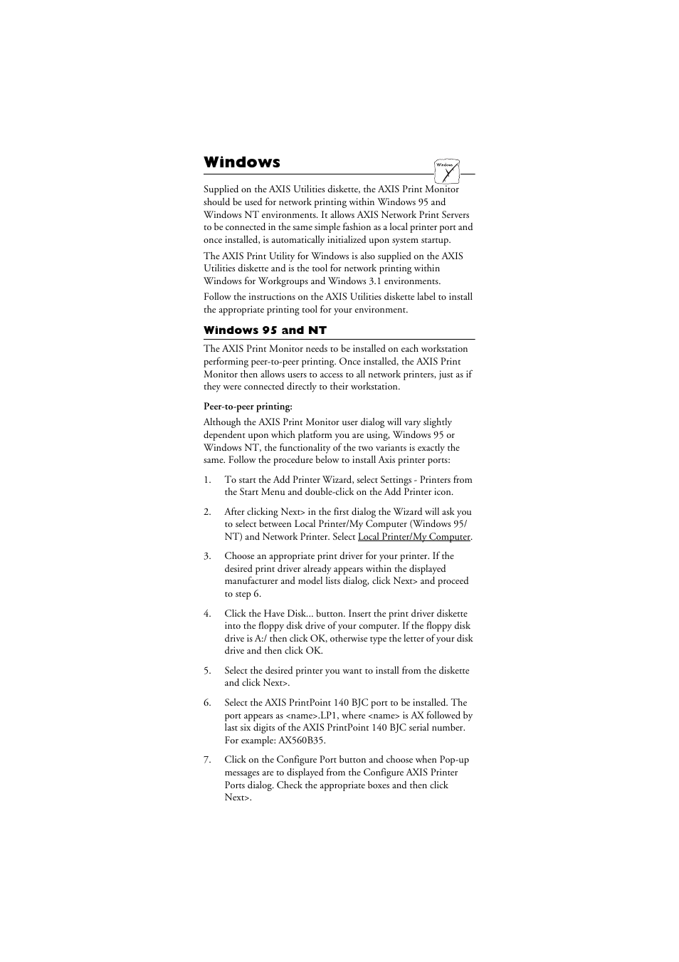 Windows, Windows 95 and nt | Axis Communications 140 BJC User Manual | Page 4 / 8