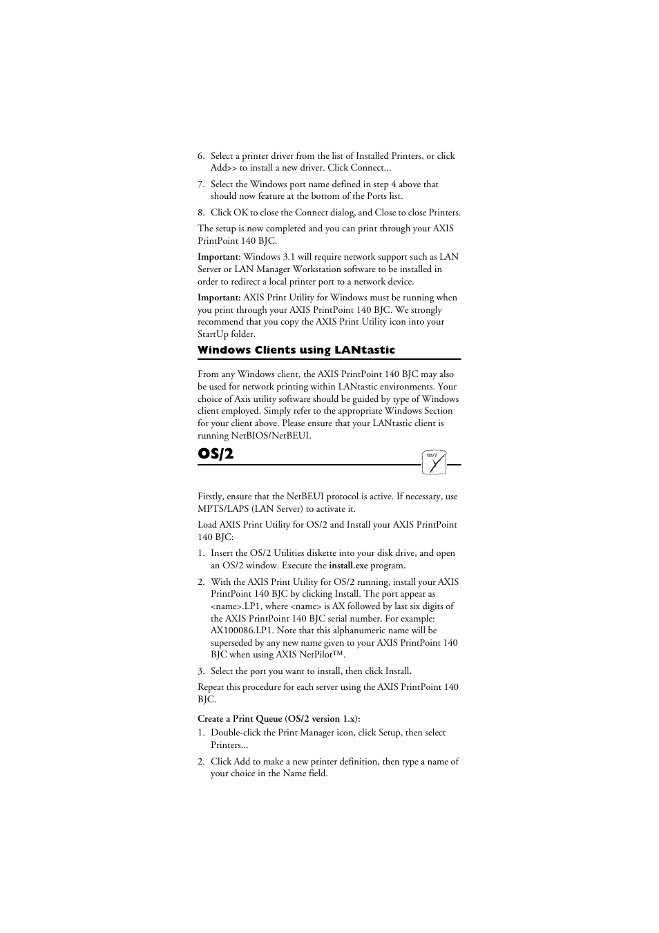 Windows clients using lantastic, Os/2 | Axis Communications 140 BJC User Manual | Page 6 / 8