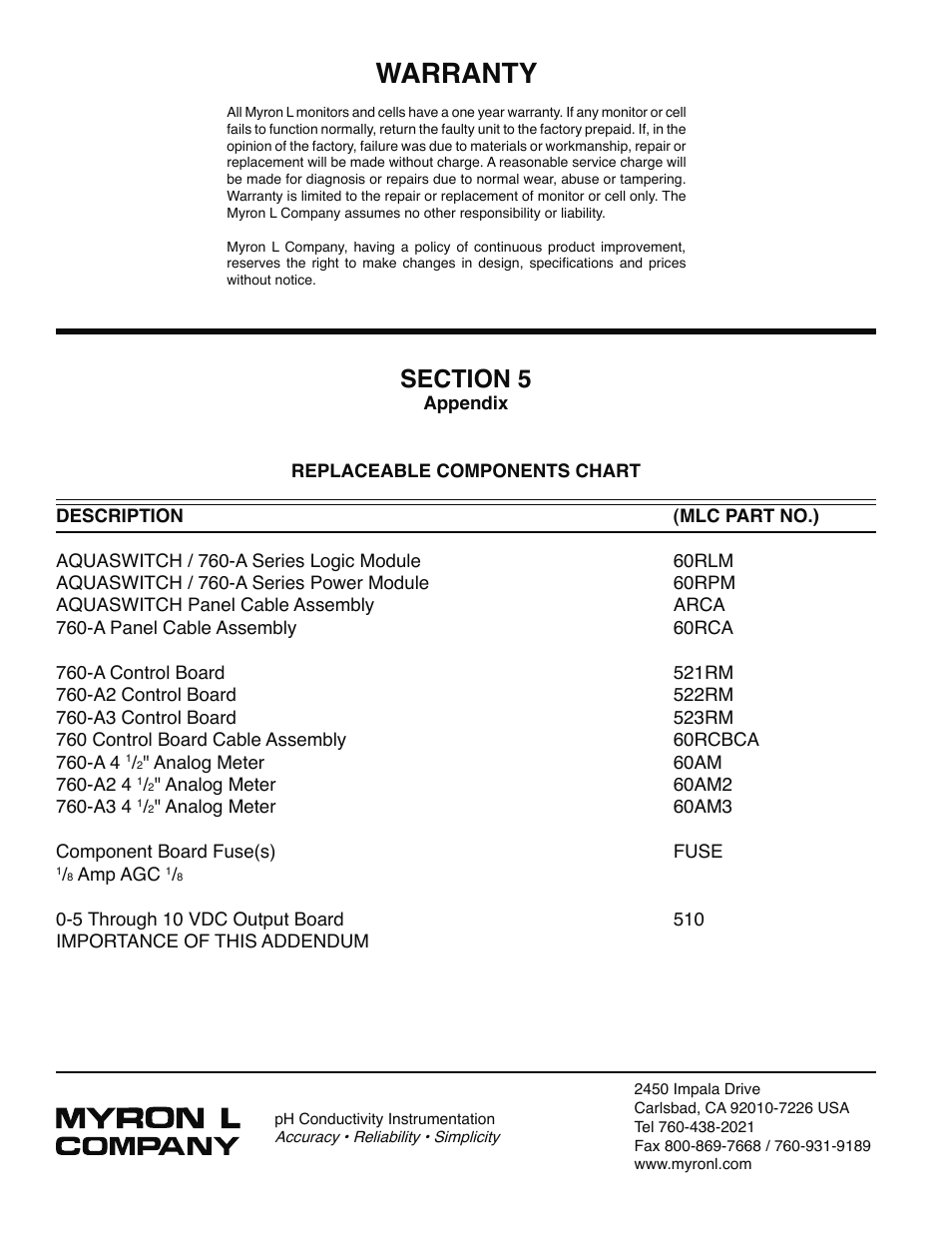 Warranty | Myron L 760-A Aquaswitch User Manual | Page 16 / 18