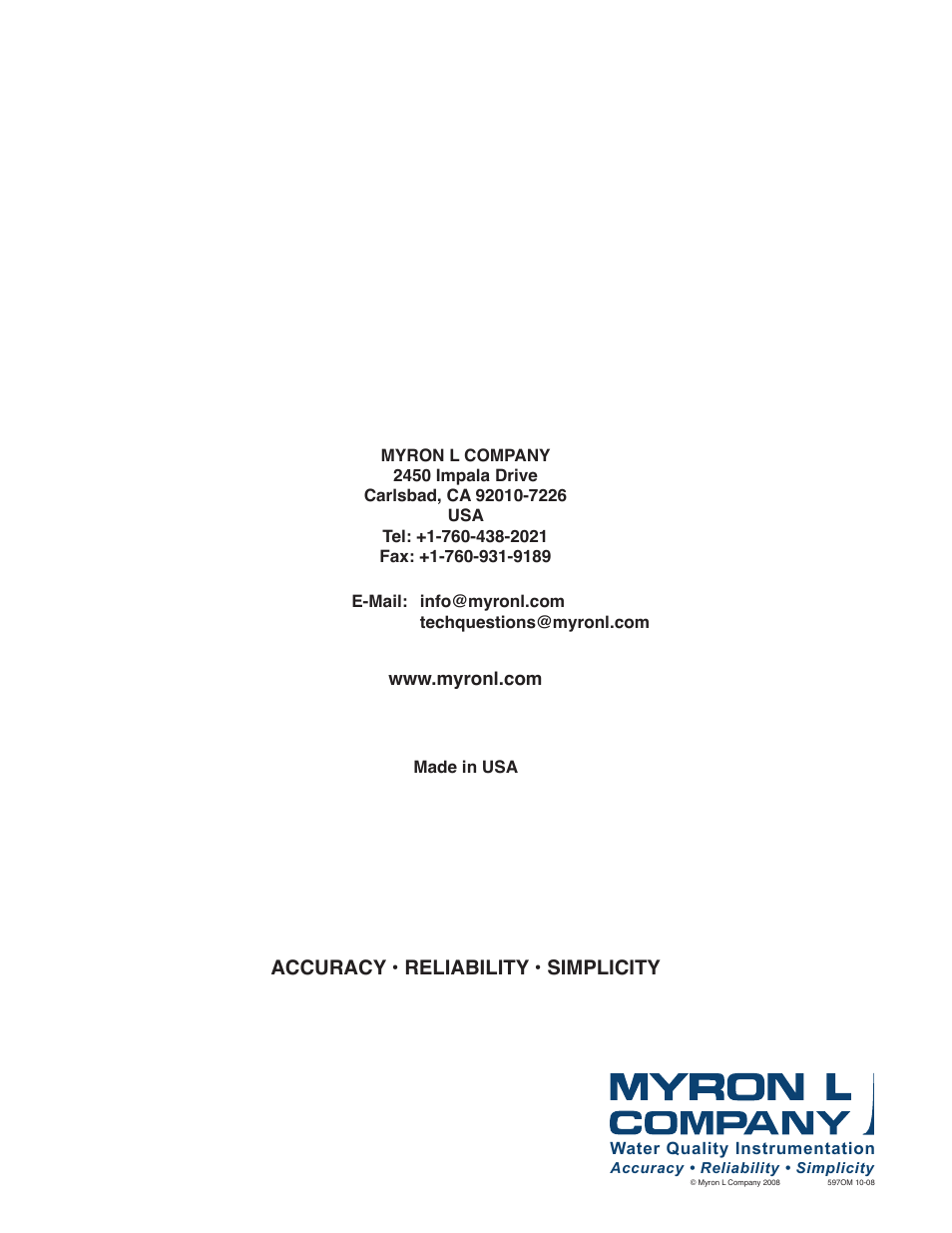 Accuracy • reliability • simplicity | Myron L 597 User Manual | Page 8 / 8