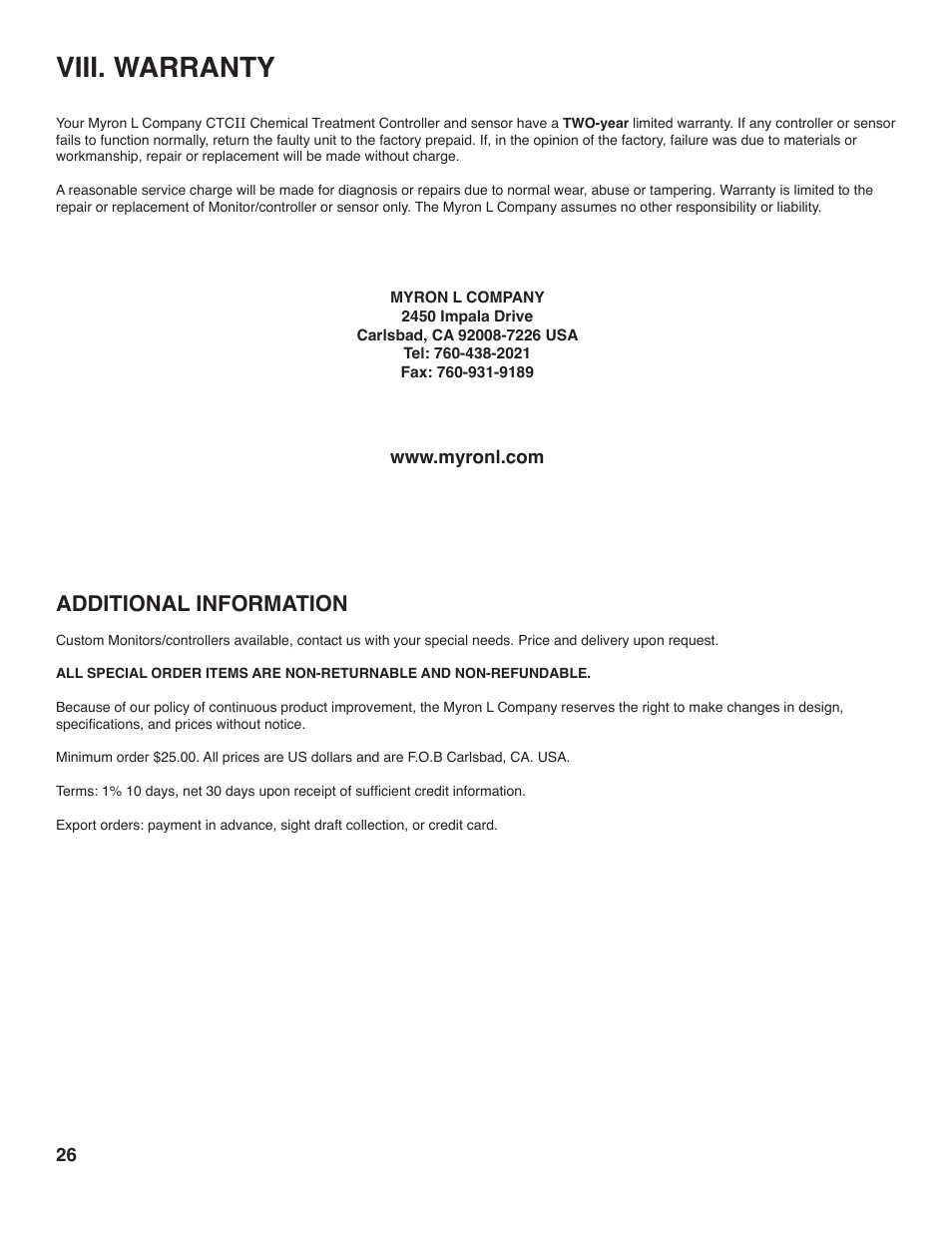 Viii. warranty, Additional information | Myron L CTCIITD User Manual | Page 30 / 36