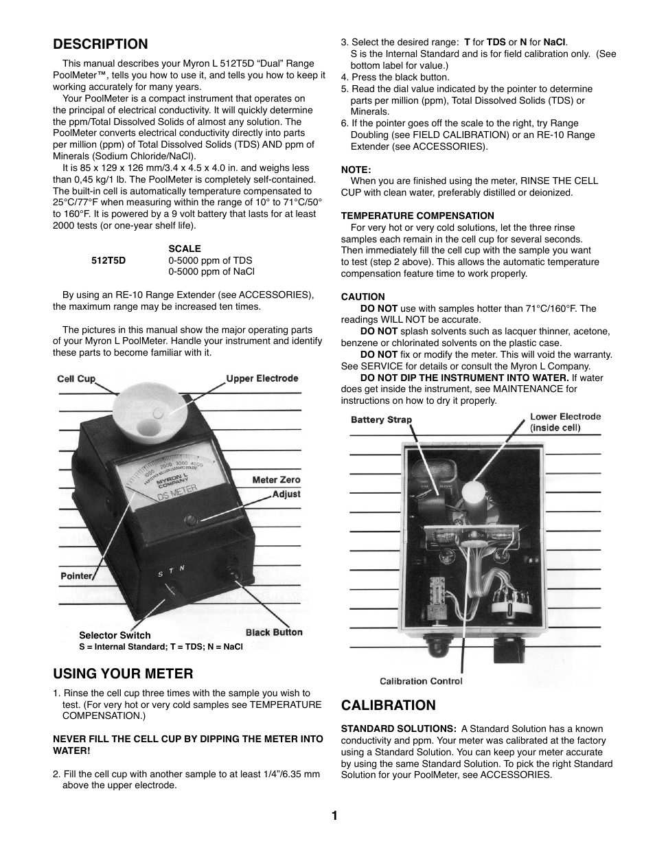 Description, Using your meter, Calibration | Myron L 512T5D User Manual | Page 2 / 6