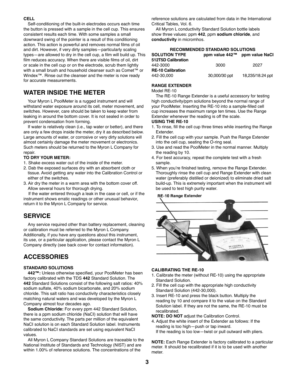 Water inside the meter, Service, Accessories | Myron L 512T5D User Manual | Page 4 / 6