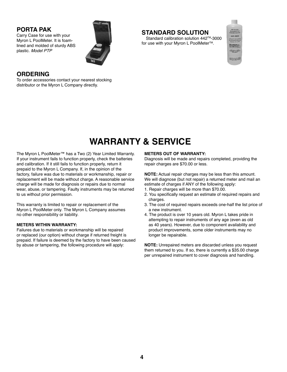 Warranty & service, Porta pak, Ordering | Standard solution | Myron L 512T5D User Manual | Page 5 / 6