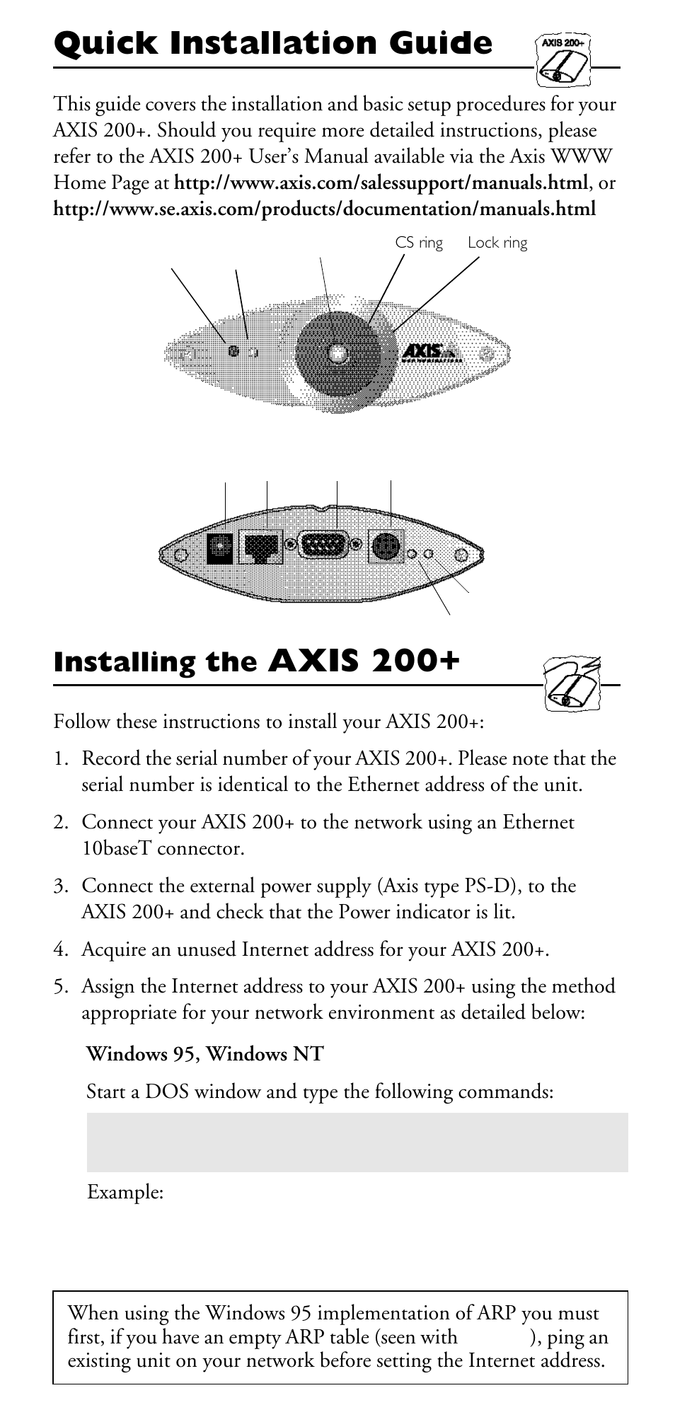 Installing the axis 200, Quick installation guide, Axis 200 | Installing the | Axis Communications 200+ User Manual | Page 2 / 6