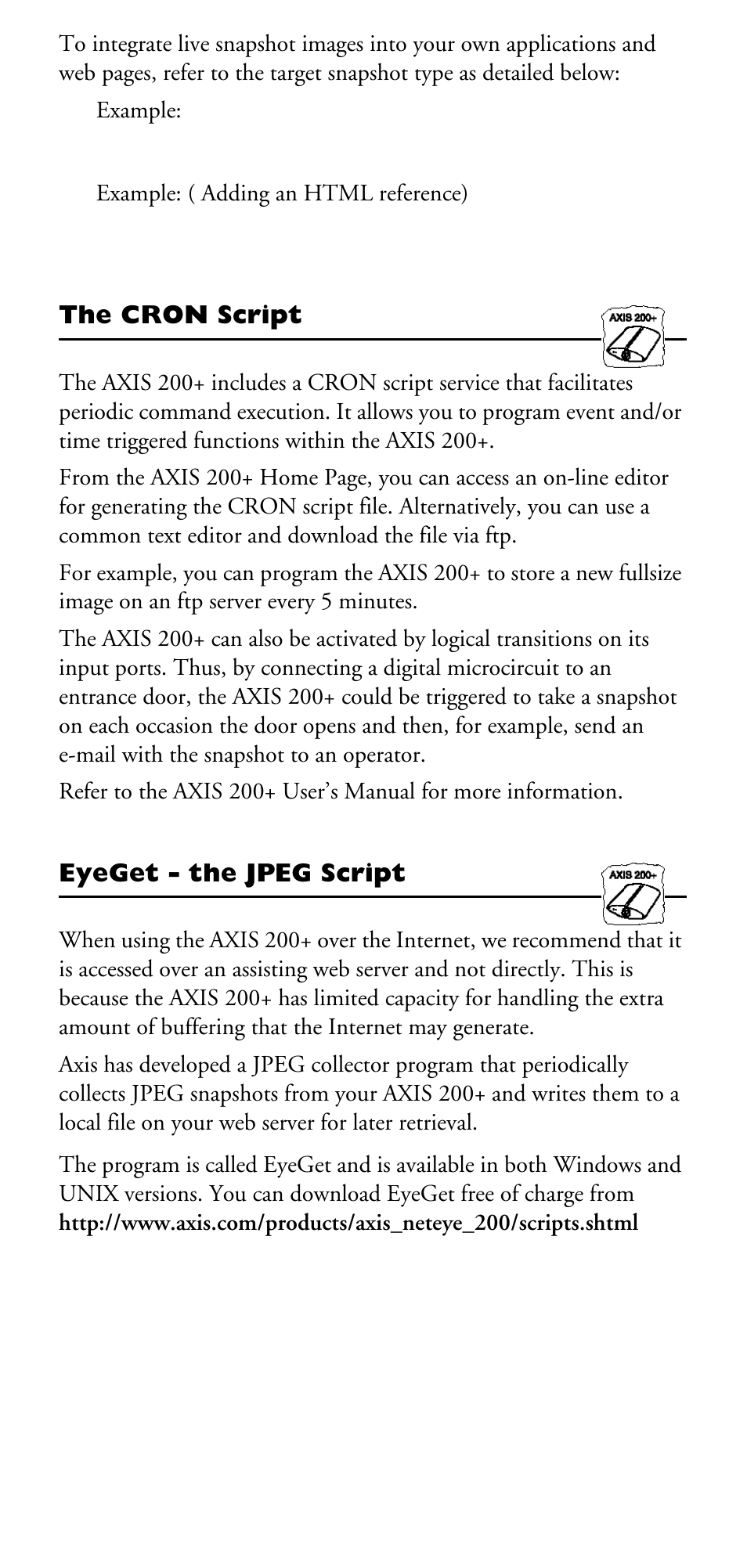 The cron script, Eyeget - the jpeg script | Axis Communications 200+ User Manual | Page 4 / 6