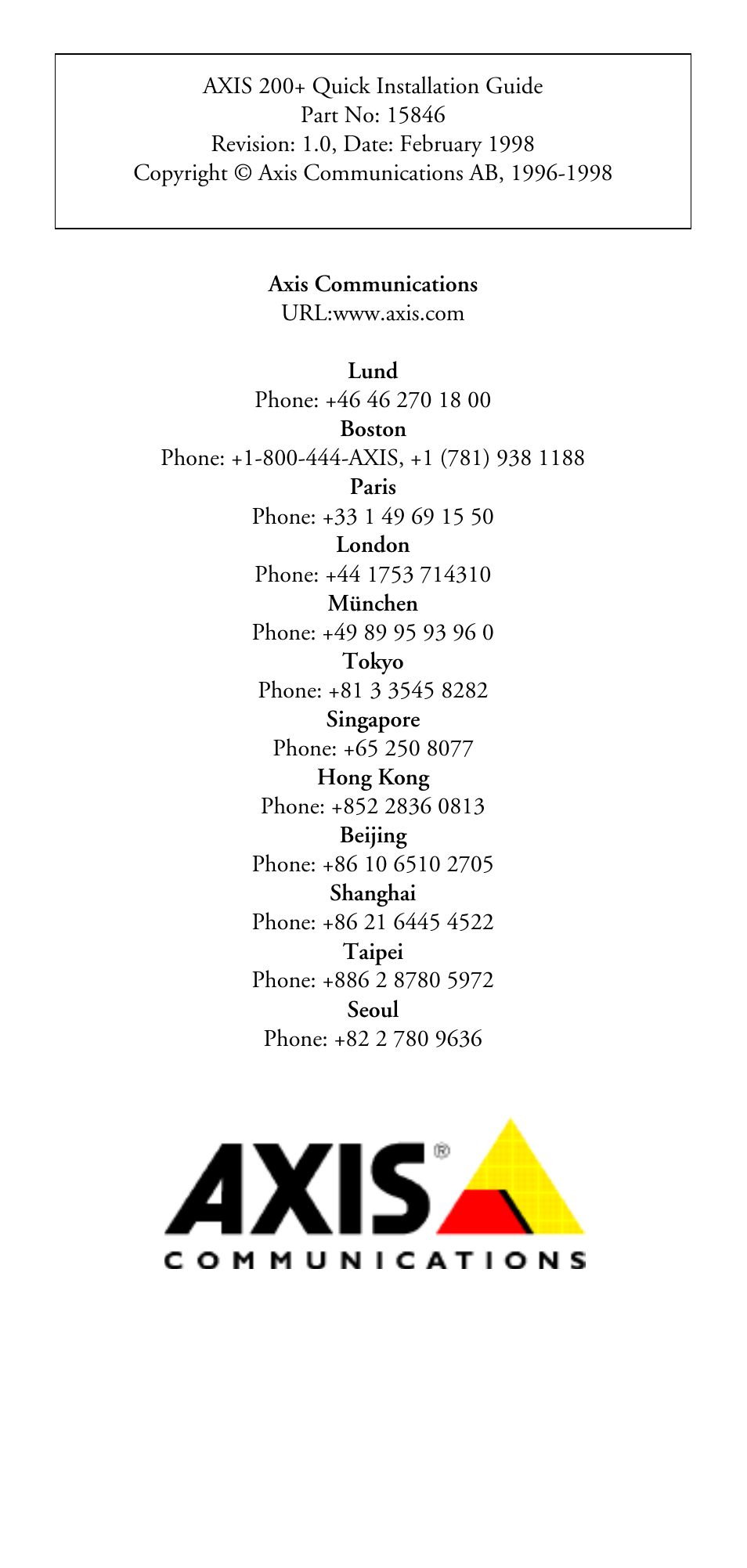 How to contact axis | Axis Communications 200+ User Manual | Page 6 / 6