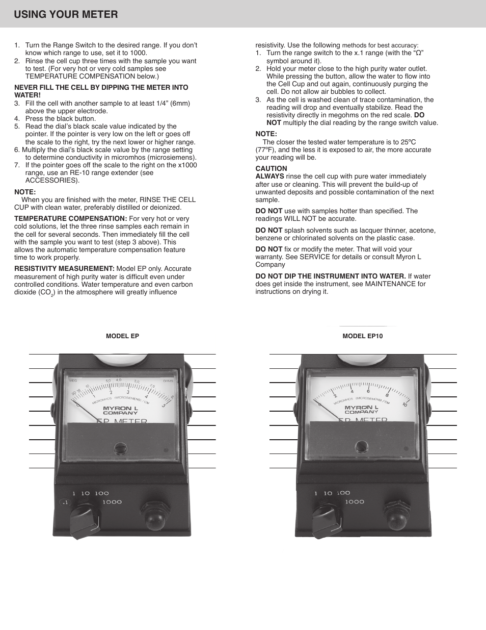 Using your meter | Myron L EP-10 User Manual | Page 2 / 4