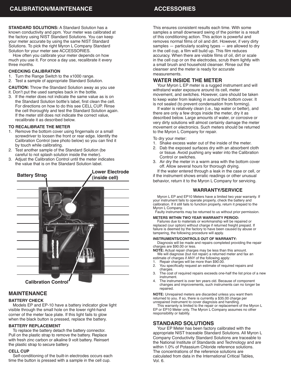 Calibration/maintenance accessories, Maintenance, Water inside the meter | Standard solutions | Myron L EP-10 User Manual | Page 3 / 4