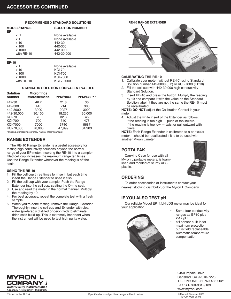 Accessories continued, Range extender, Porta pak | Ordering, If you also test ph | Myron L EP-10 User Manual | Page 4 / 4