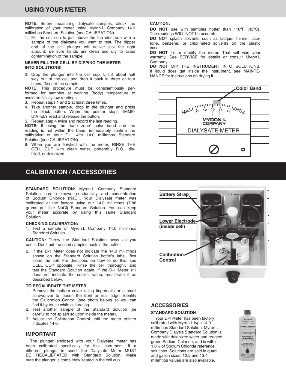 Calibration / accessories, Using your meter, Dialysate meter | Important, Accessories | Myron L D-1 User Manual | Page 2 / 3