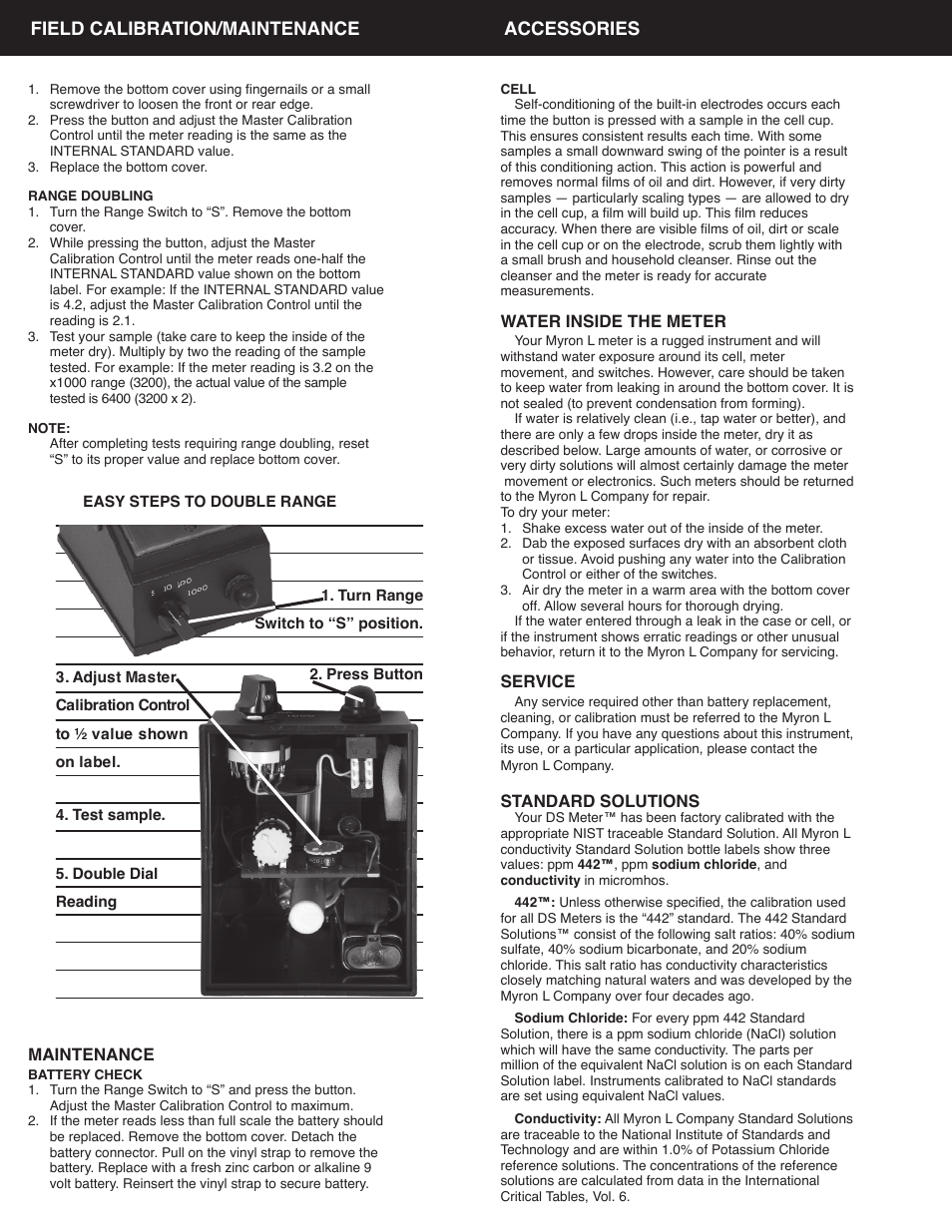 Field calibration/maintenance accessories, Maintenance, Water inside the meter | Service, Standard solutions | Myron L 532M1 User Manual | Page 3 / 4