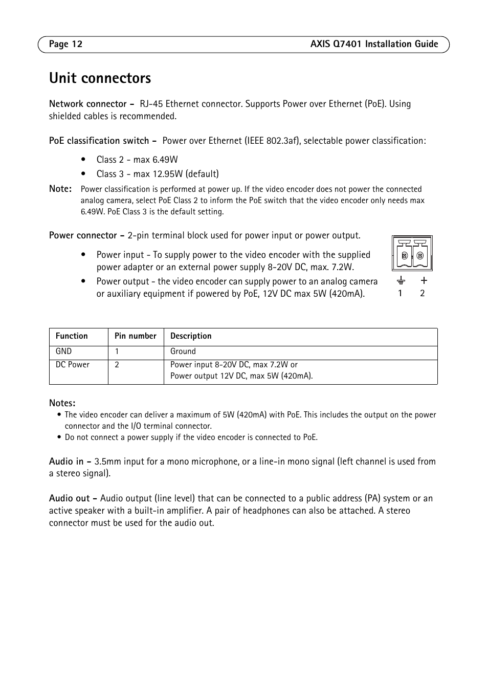 Unit connectors | Axis Communications Video Encoder AXIS Q7401 User Manual | Page 12 / 82