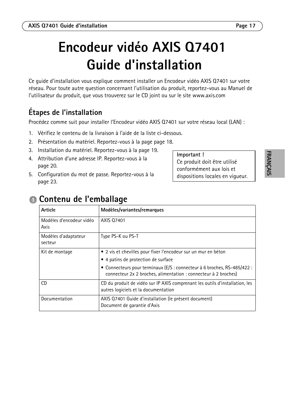 Encodeur vidéo axis q7401 guide d'installation, Étapes de l'installation, Contenu de l'emballage | Axis Communications Video Encoder AXIS Q7401 User Manual | Page 17 / 82