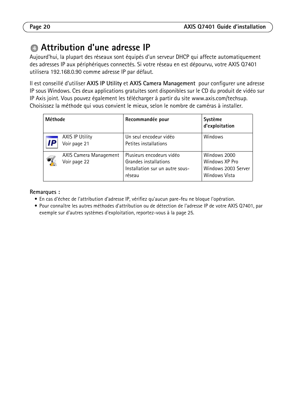 Attribution d'une adresse ip | Axis Communications Video Encoder AXIS Q7401 User Manual | Page 20 / 82