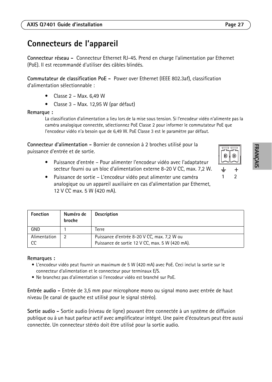 Connecteurs de l’appareil | Axis Communications Video Encoder AXIS Q7401 User Manual | Page 27 / 82