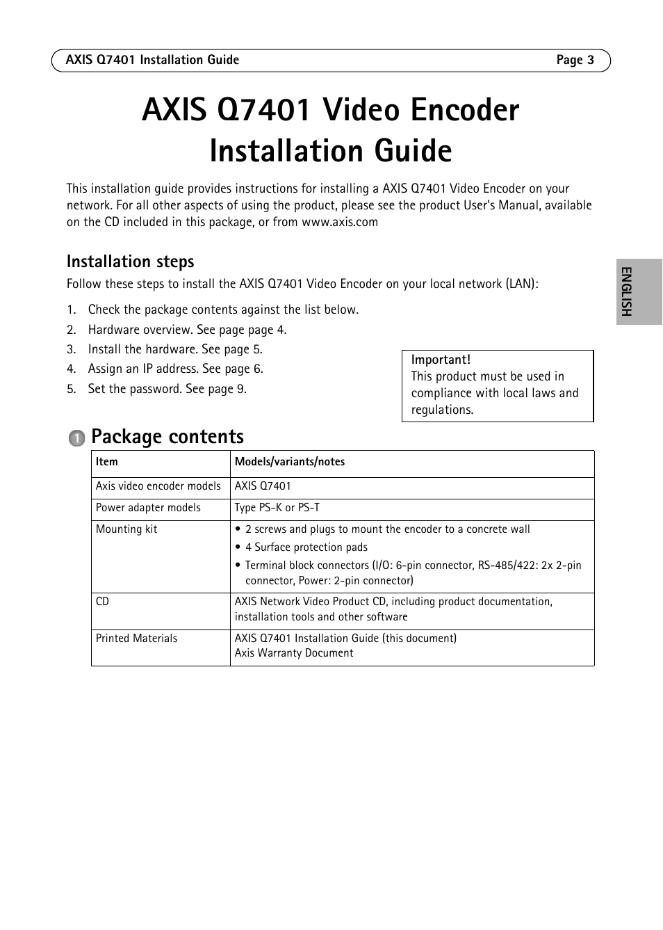 Axis q7401 video encoder installation guide, Installation steps, Package contents | Axis Communications Video Encoder AXIS Q7401 User Manual | Page 3 / 82