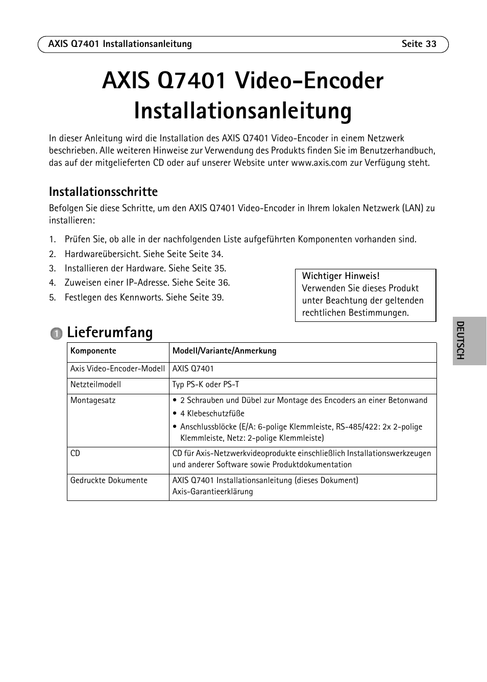 Axis q7401 video-encoder installationsanleitung, Installationsschritte, Lieferumfang | Axis Communications Video Encoder AXIS Q7401 User Manual | Page 33 / 82