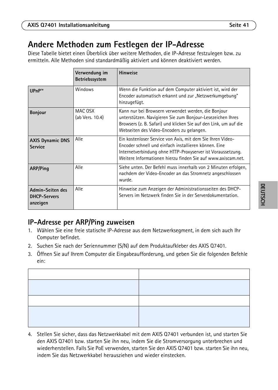 Andere methoden zum festlegen der ip-adresse, Ip-adresse per arp/ping zuweisen | Axis Communications Video Encoder AXIS Q7401 User Manual | Page 41 / 82
