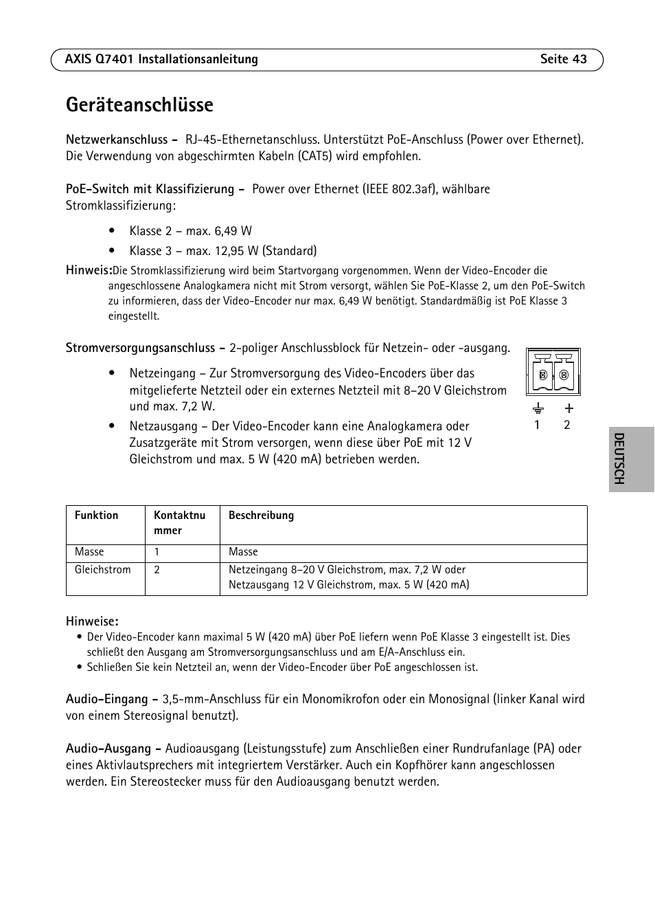 Geräteanschlüsse | Axis Communications Video Encoder AXIS Q7401 User Manual | Page 43 / 82
