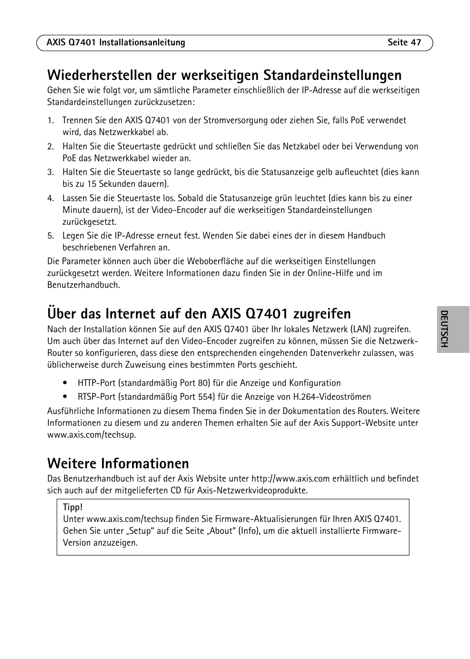 Über das internet auf den axis q7401 zugreifen, Weitere informationen | Axis Communications Video Encoder AXIS Q7401 User Manual | Page 47 / 82