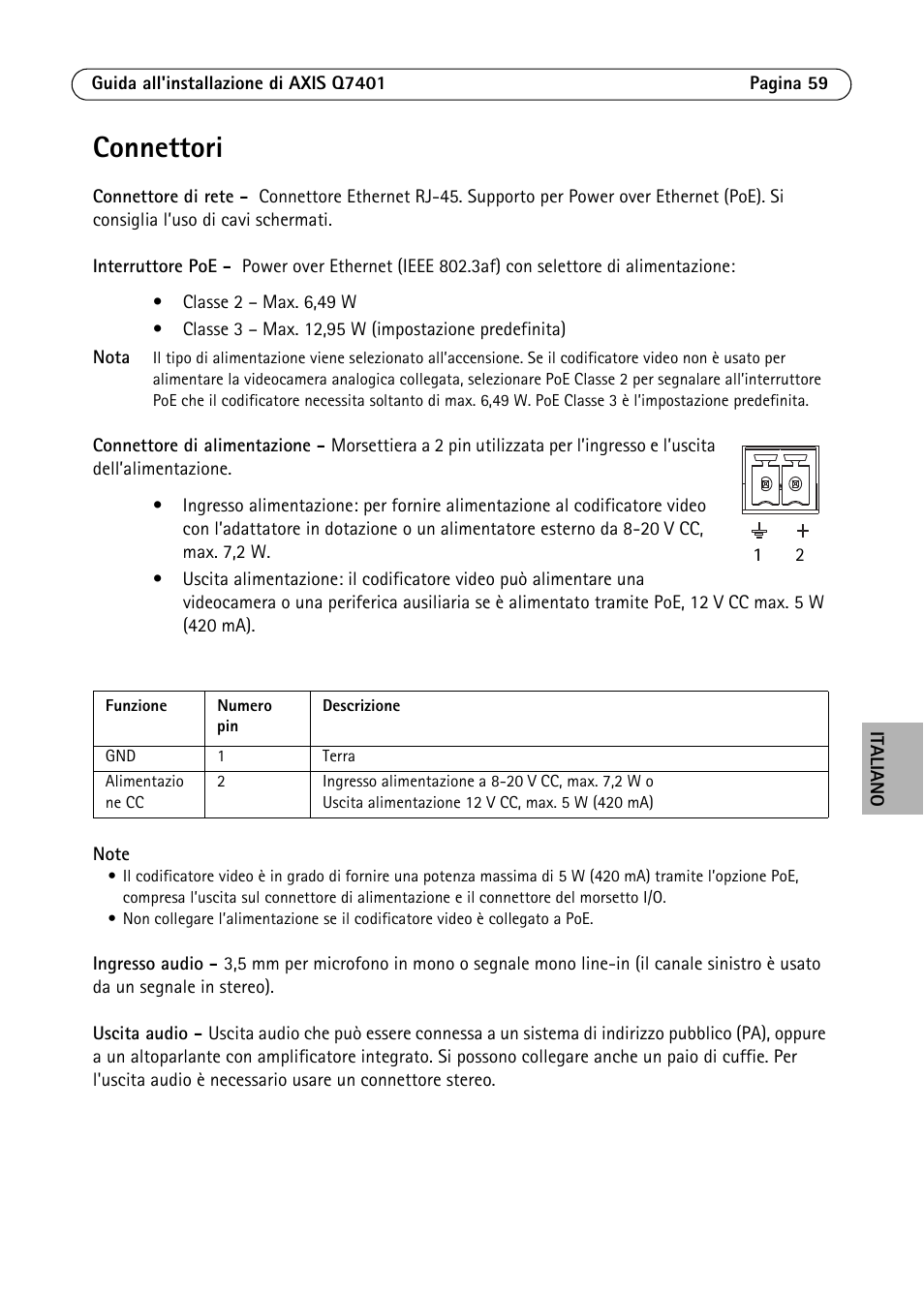 Connettori | Axis Communications Video Encoder AXIS Q7401 User Manual | Page 59 / 82