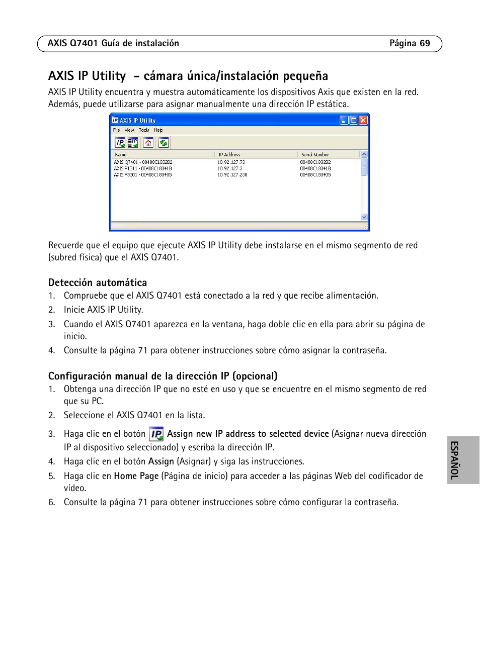 Axis ip utility - cámara única/instalación pequeña | Axis Communications Video Encoder AXIS Q7401 User Manual | Page 69 / 82
