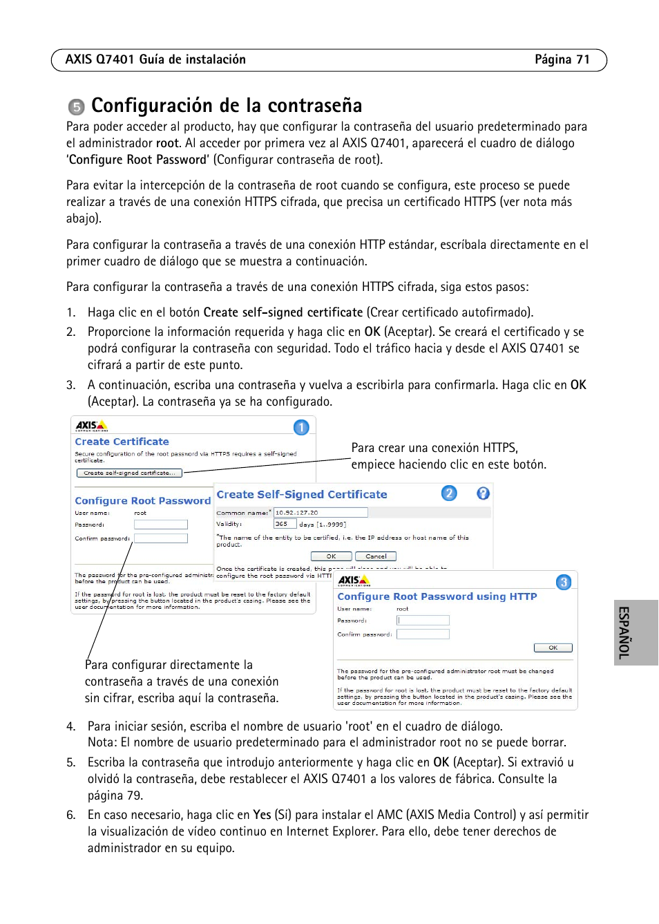 Configuración de la contraseña | Axis Communications Video Encoder AXIS Q7401 User Manual | Page 71 / 82