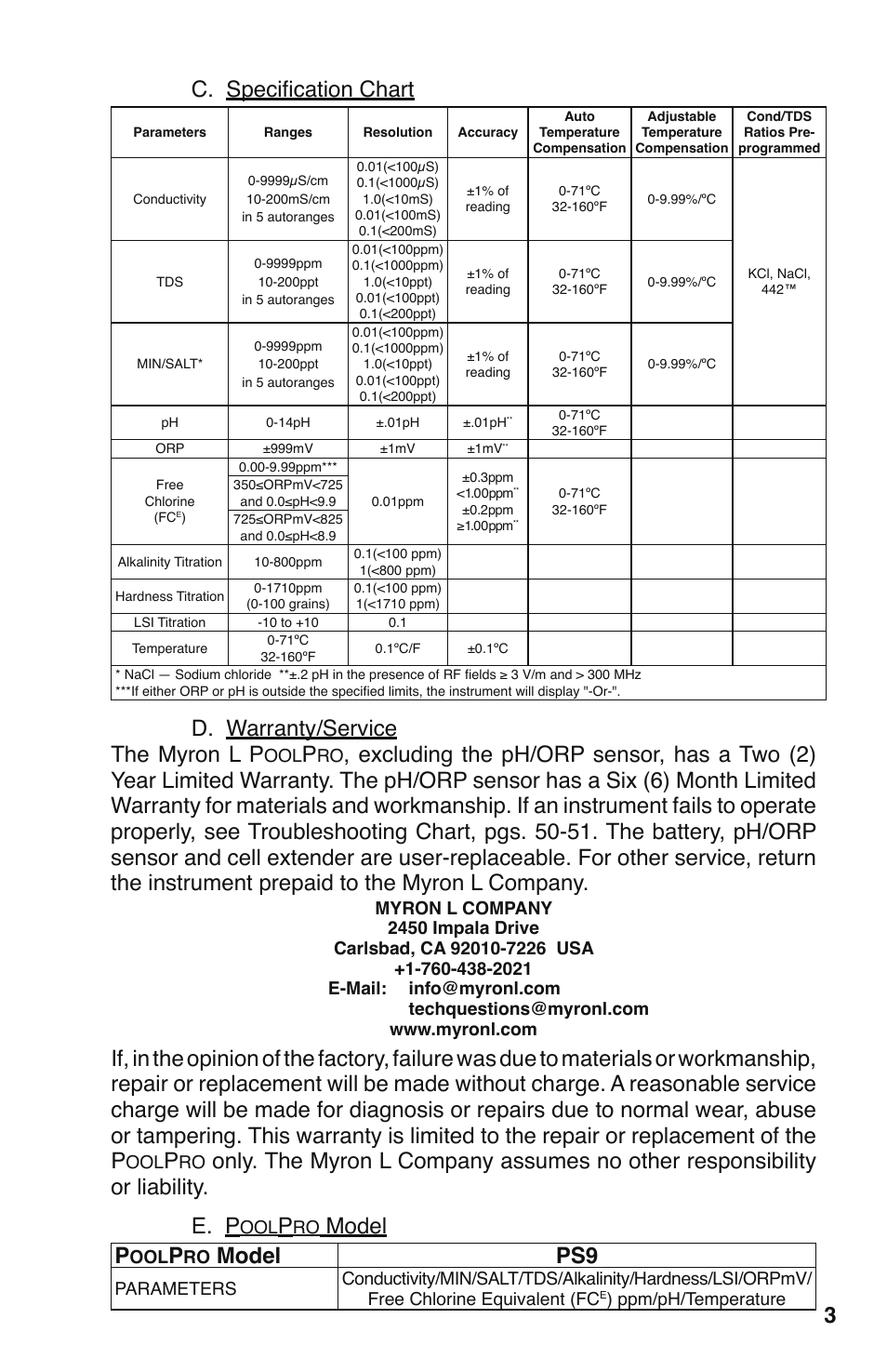 3c. specification chart, D. warranty/service the myron l p, Model p | Model ps9 | Myron L PS9TK User Manual | Page 7 / 72