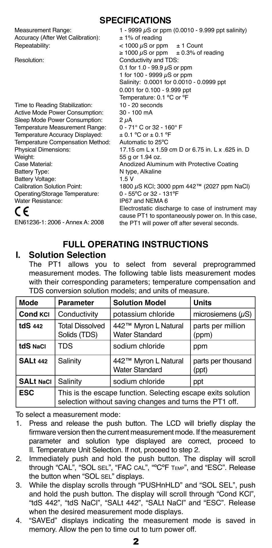 12 specifications, Full operating instructions i. solution selection | Myron L PT1 User Manual | Page 3 / 6