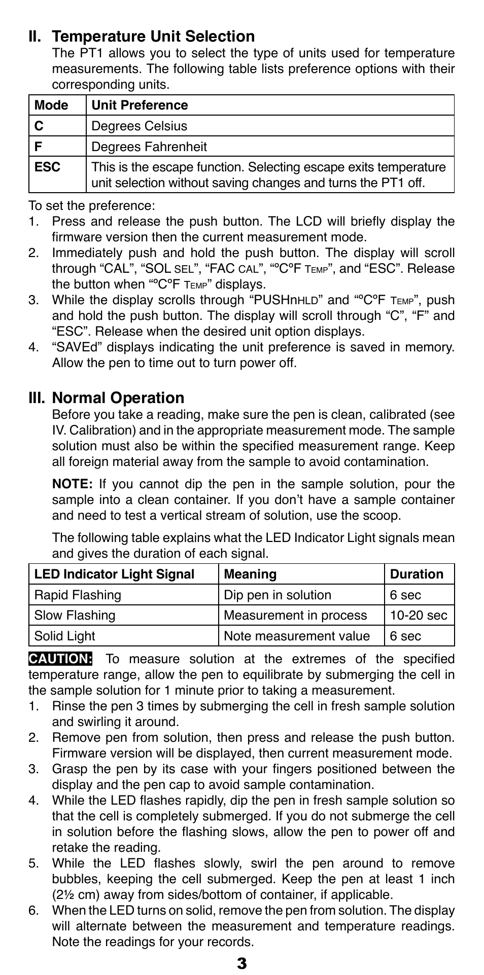 13 ii. temperature unit selection, Iii. normal operation | Myron L PT1 User Manual | Page 4 / 6