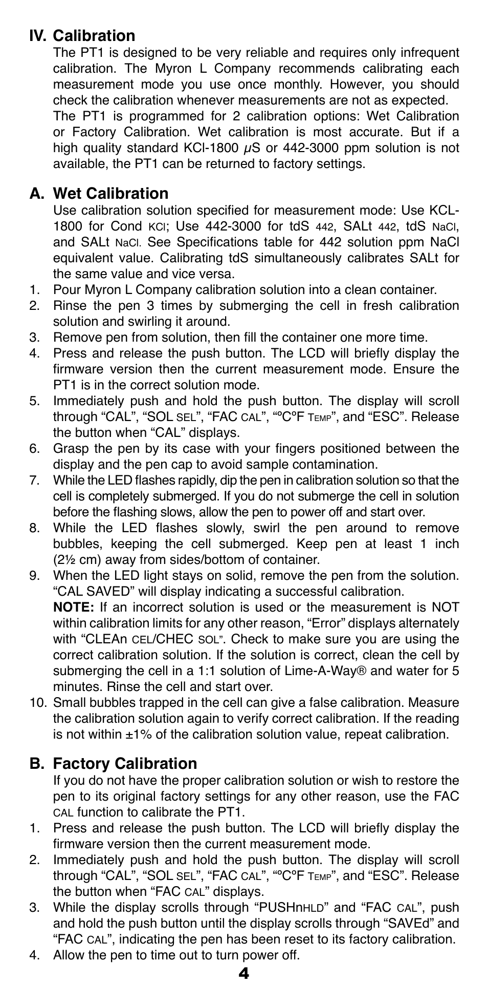 45 iv. calibration, A. wet calibration, B. factory calibration | Myron L PT1 User Manual | Page 5 / 6