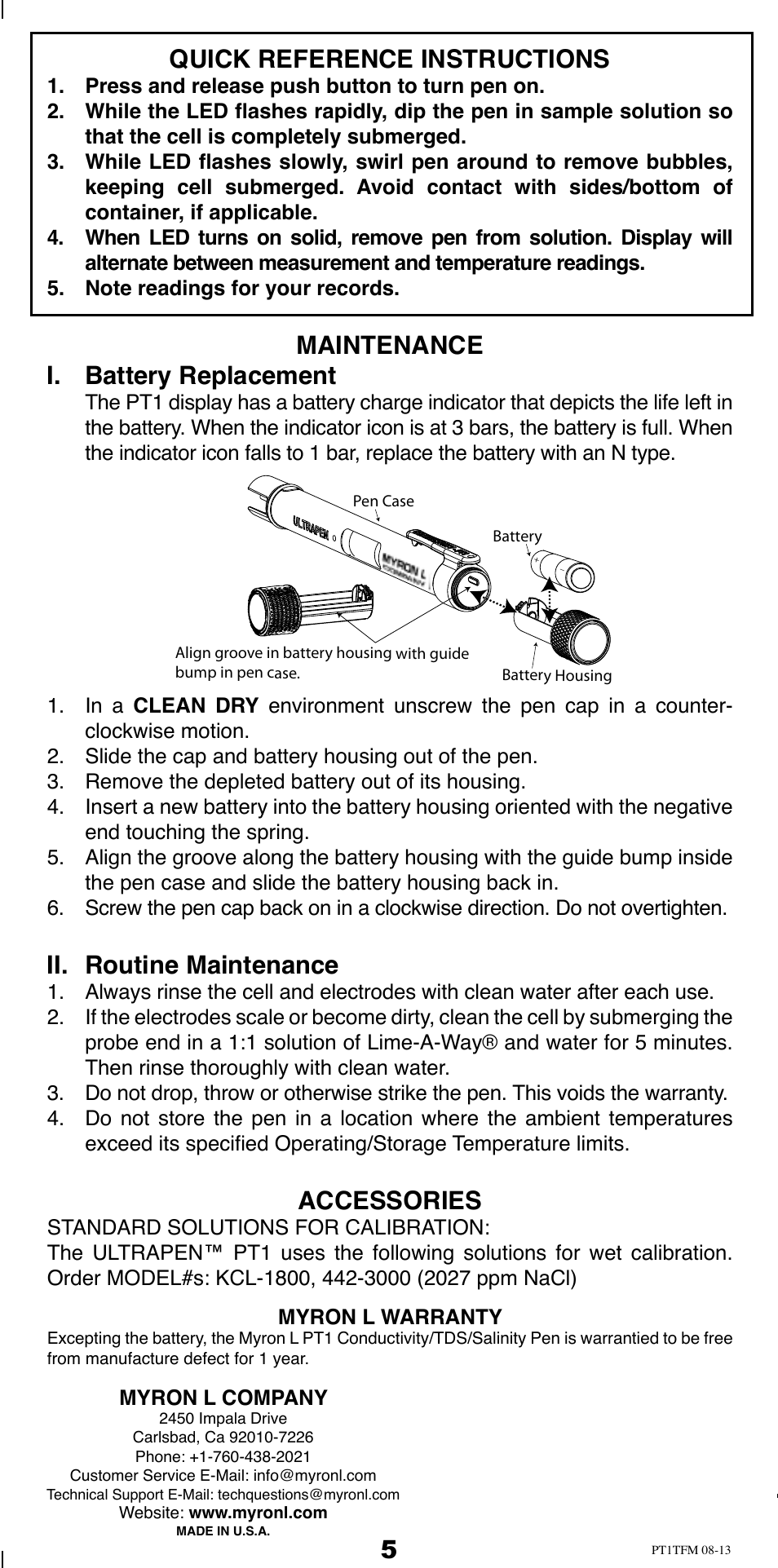 45 quick reference instructions, Maintenance i. battery replacement, Ii. routine maintenance | Accessories | Myron L PT1 User Manual | Page 6 / 6