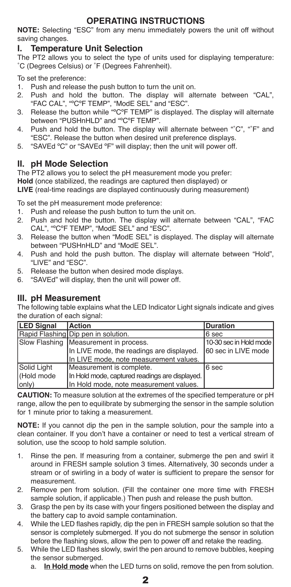 Operating instructions, I. temperature unit selection, Ii. ph mode selection | Iii. ph measurement | Myron L PT2 User Manual | Page 3 / 6